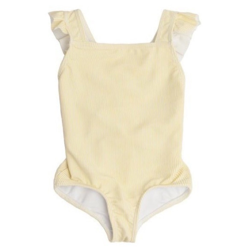 Girls minnow one piece cross over swimsuit in buttercream. Size 5/6T